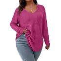 Koscacy Women Plus Size Casual Knit Sweater with Pocket V Neck Solid Color Tops Lightweight Long Sleeve Blouses