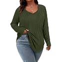 Koscacy Women Plus Size Casual Knit Sweater with Pocket V Neck Solid Color Tops Lightweight Long Sleeve Blouses