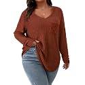 Koscacy Women Plus Size Casual Knit Sweater with Pocket V Neck Solid Color Tops Lightweight Long Sleeve Blouses