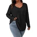 Koscacy Women Plus Size Casual Knit Sweater with Pocket V Neck Solid Color Tops Lightweight Long Sleeve Blouses