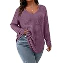 Koscacy Women Plus Size Casual Knit Sweater with Pocket V Neck Solid Color Tops Lightweight Long Sleeve Blouses