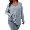 Koscacy Women Plus Size Casual Knit Sweater with Pocket V Neck Solid Color Tops Lightweight Long Sleeve Blouses