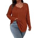 Koscacy Women Plus Size Casual Knit Sweater with Pocket V Neck Solid Color Tops Lightweight Long Sleeve Blouses