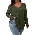 Koscacy Women Plus Size Casual Knit Sweater with Pocket V Neck Solid Color Tops Lightweight Long Sleeve Blouses