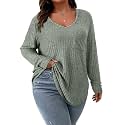 Koscacy Women Plus Size Casual Knit Sweater with Pocket V Neck Solid Color Tops Lightweight Long Sleeve Blouses