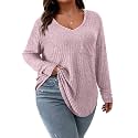 Koscacy Women Plus Size Casual Knit Sweater with Pocket V Neck Solid Color Tops Lightweight Long Sleeve Blouses