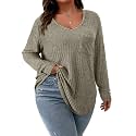 Koscacy Women Plus Size Casual Knit Sweater with Pocket V Neck Solid Color Tops Lightweight Long Sleeve Blouses
