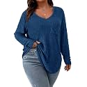 Koscacy Women Plus Size Casual Knit Sweater with Pocket V Neck Solid Color Tops Lightweight Long Sleeve Blouses