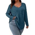Koscacy Women Plus Size Casual Knit Sweater with Pocket V Neck Solid Color Tops Lightweight Long Sleeve Blouses
