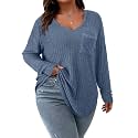 Koscacy Women Plus Size Casual Knit Sweater with Pocket V Neck Solid Color Tops Lightweight Long Sleeve Blouses