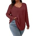 Koscacy Women Plus Size Casual Knit Sweater with Pocket V Neck Solid Color Tops Lightweight Long Sleeve Blouses