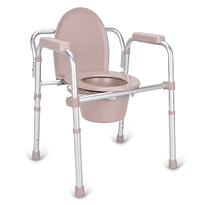 kosmocare aluminum folding commode chair with seat cover  3-in-1 usage - bedside commode raised toilet seat riser safety rails  portable commode for adults amp elderly - grey
