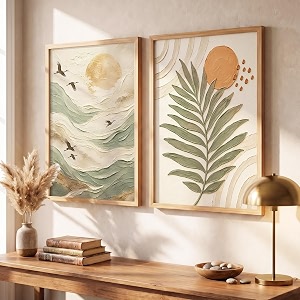 kotart boho abstract textured wall art home decoration  aesthetic floral paintings with frame for living room bed room hotel wall decor digital reprint set of 2 13x17 inch