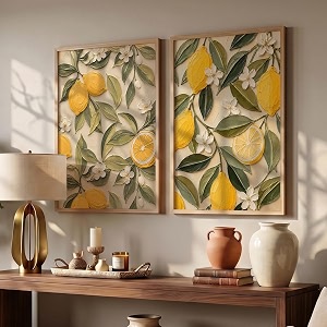 kotart botanical lemon textured wall art home decoration  aesthetic floral paintings with frame for living room bed room hotel wall decor digital reprint set of 2 14x20 inch