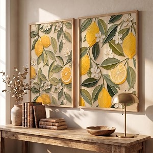 kotart botanical lemon textured wall art home decoration  aesthetic floral paintings with frame for living room bed room hotel wall decor digital reprint set of 2 19x25 inch