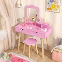 KOTEK Kids Vanity with Mirror and Stool, Princess Makeup Vanity Dressing Table with Detachable Top, 2 Large Drawers, Solid Wood Legs, Pretend Play Vanity Table Set for Little Girls (Pink)