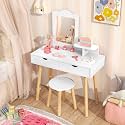 KOTEK Kids Vanity with Mirror and Stool, Princess Makeup Vanity Dressing Table with Detachable Top, 2 Large Drawers, Solid Wood Legs, Vanity Table and Chair Set for Little Girls (White)