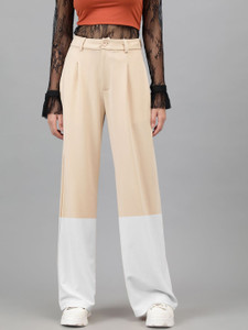 kotty regular fit women beige white trousers