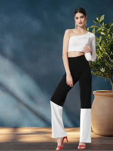 kotty regular fit women black white trousers