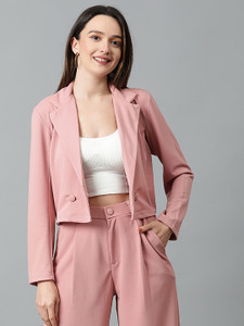 kotty women solid single breasted casual blazer pink