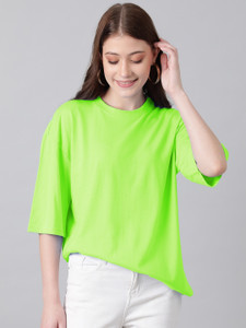 KOTTY Solid Women Round Neck Light Green