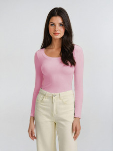 kotty solid women scoop neck pink t-shirt