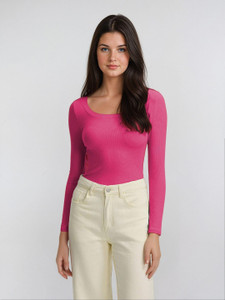 kotty solid women scoop neck pink t-shirt