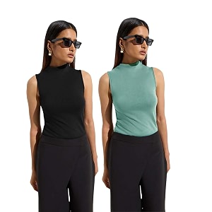 kotty womens sleeveless high neck ribbed tank top combo pack of 2 stylish casual amp office wear tops