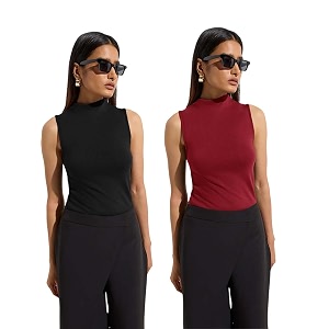 kotty womens sleeveless high neck ribbed tank top combo pack of 2 stylish casual amp office wear tops