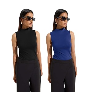 kotty womens sleeveless high neck ribbed tank top combo pack of 2 stylish casual amp office wear tops