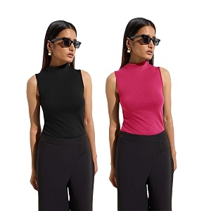 kotty womens sleeveless high neck ribbed tank top combo pack of 2 stylish casual amp office wear tops