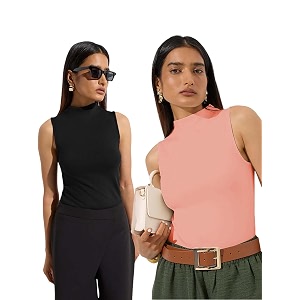 kotty womens sleeveless high neck ribbed tank top combo pack of 2 stylish casual amp office wear tops