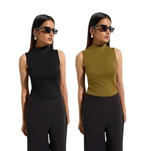 kotty womens sleeveless high neck ribbed tank top combo pack of 2 stylish casual amp office wear tops