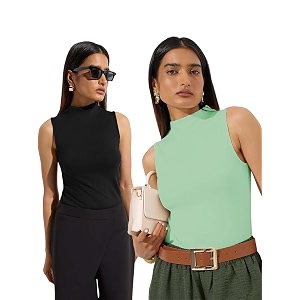 kotty womens sleeveless high neck ribbed tank top combo pack of 2 stylish casual amp office wear tops