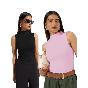 kotty womens sleeveless high neck ribbed tank top combo pack of 2 stylish casual amp office wear tops