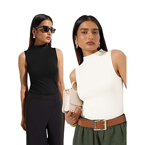 kotty womens sleeveless high neck ribbed tank top combo pack of 2 stylish casual amp office wear tops