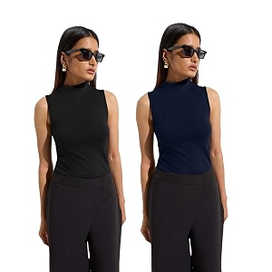 kotty womens sleeveless high neck ribbed tank top combo pack of 2 stylish casual amp office wear tops