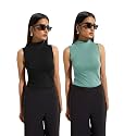 KOTTY Women’s Sleeveless High Neck Ribbed Tank Top Combo Pack of 2 Stylish Casual & Office Wear Tops