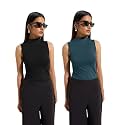 KOTTY Women’s Sleeveless High Neck Ribbed Tank Top Combo Pack of 2 Stylish Casual &amp; Office Wear Tops