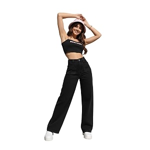 kotty womens high waist flared fit ankle length clean look denim jeans
