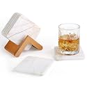 Koville Marble Coasters Set of 5, Square Coasters with Holder for Drinks, 4" Cup Coaster for Coffee Table Home Office Bar Decor, Heat Resistant Decorative Drink Coaster (White&amp;Gold)