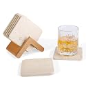 Koville Travertine Coasters Set of 5, Square Coasters with Holder for Drinks, 4" Cup Coaster for Coffee Table Home Office Bar Decor, Heat Resistant Natural Stone Drink Coaster(Beige)