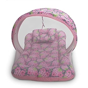 kradyl kroft baby mosquito net flat bed  play mat for kids with cotton outer fabric  half openable mosquito net flat mat for baby playtimes very berry