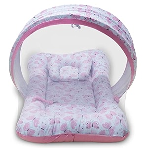 kradyl kroft baby mosquito net flat bed  play mat for kids with cotton outer fabric  half openable mosquito net flat mat for baby playtimes pink butterfly