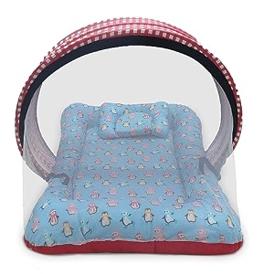 kradyl kroft baby mosquito net flat bed  play mat for kids with cotton outer fabric  half openable mosquito net flat mat for baby playtimes dancing penguins