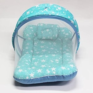 kradyl kroft baby mosquito net flat bed  play mat for kids with cotton outer fabric  half openable mosquito net flat mat for baby playtimes turquoise star