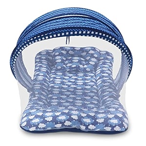 kradyl kroft baby mosquito net flat bed  play mat for kids with cotton outer fabric  half openable mosquito net flat mat for baby playtimes blue clouds