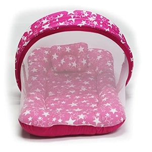 kradyl kroft baby mosquito net flat bed  play mat for kids with cotton outer fabric  half openable mosquito net flat mat for baby playtimes pink star
