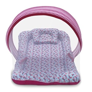 kradyl kroft baby mosquito net flat bed  play mat for kids with cotton outer fabric  half openable mosquito net flat mat for baby playtimes pomegranate