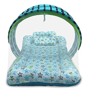 kradyl kroft baby mosquito net flat bed  play mat for kids with cotton outer fabric  half openable mosquito net flat mat for baby playtimes happy stars
